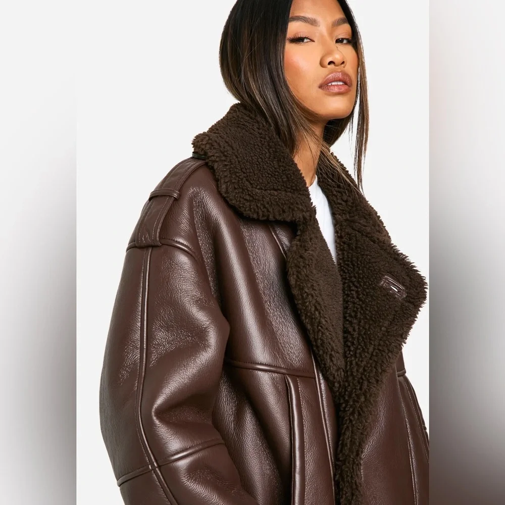 Boohoo Dark Brown Faux Leather Shearling-Trim Jacket - Picture 4 of 11